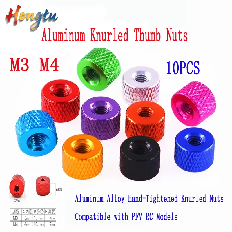 

10-Piece Aluminum Knurled Thumb Nuts – M3 and M4 Sizes, Aluminum Alloy Hand-Tightened Knurled Nuts Compatible with PFV RC Models