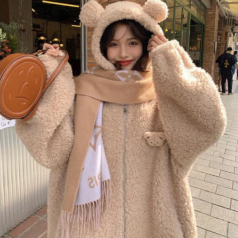 

Kawaii флисовое пальто для девочек, зимнее модное мультяшное пальто, милый плюшевый кардиган с капюшоном на молнии, женское теплое пальто, куртка на хлопковой подкладке