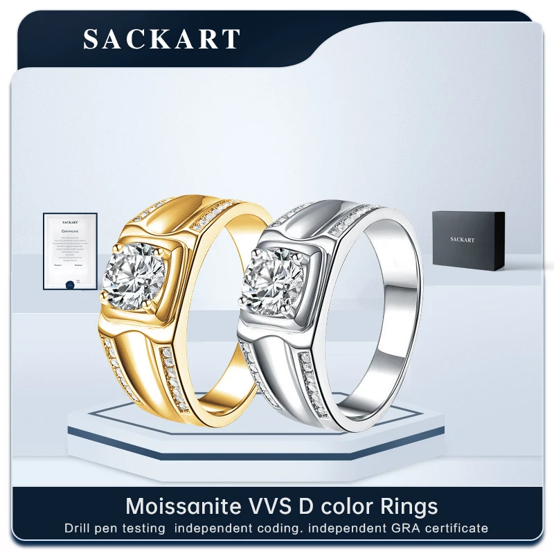 SACKART Men Ring Xl Moissanite Star Natural Stone Rings Gold 18k Pure Silver 925 Certificate Sterling Mens Diamond Band Lucky