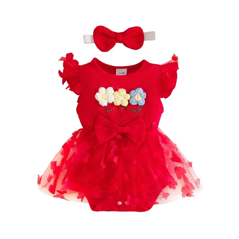0–18 Months Baby Girl Clothing 2Piece Outfits Summer Sweet 3D Floral Jumpsuit Butterfly Skirts+ Headband Newborn Set