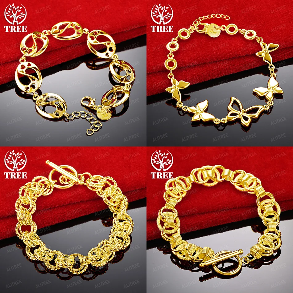 

Fine 18k Gold Bracelet Butterfly Frosted/Smooth Circle Link Chain Love Heart Chain Lady Birthday Party Trendy Fashion Jewelry