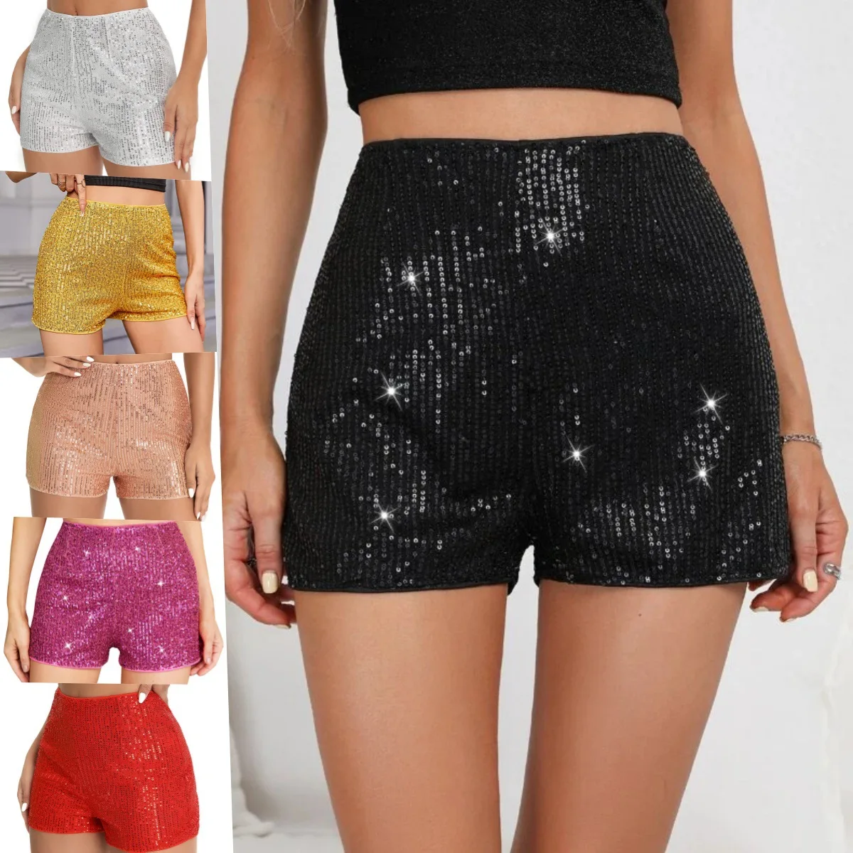 Women's shorts, multi-colored fashionable beaded hot pants, elastic waist, slimming, stretch sequin pants, sexy straight cut,