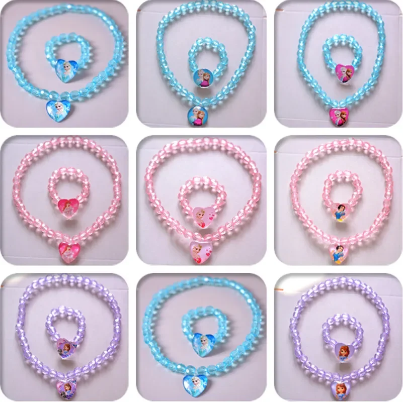 Disney 2pcs/Lot Frozen 2 Cartoon Children Princess Necklace Toys Bracelet Accessories Heart Shaped Pendant Girls Birthday Gift