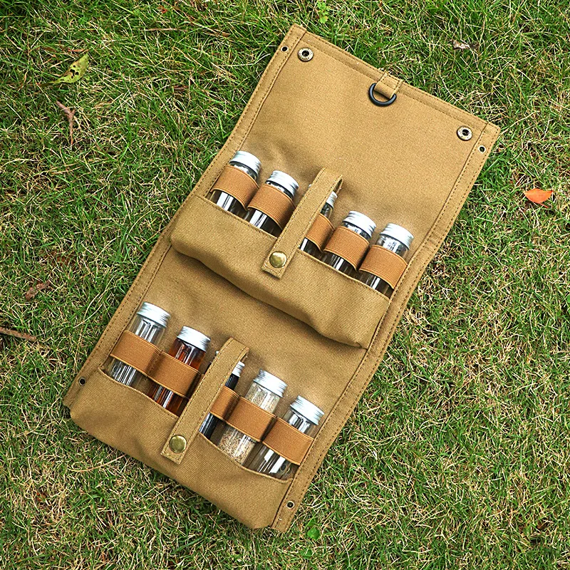 Outdoor Camping Seasoning Bottle Storage Bag Delivers 9 Glass Seasoning Bottles BBQ Seasoning Bottle Combination Set Canvas Bag