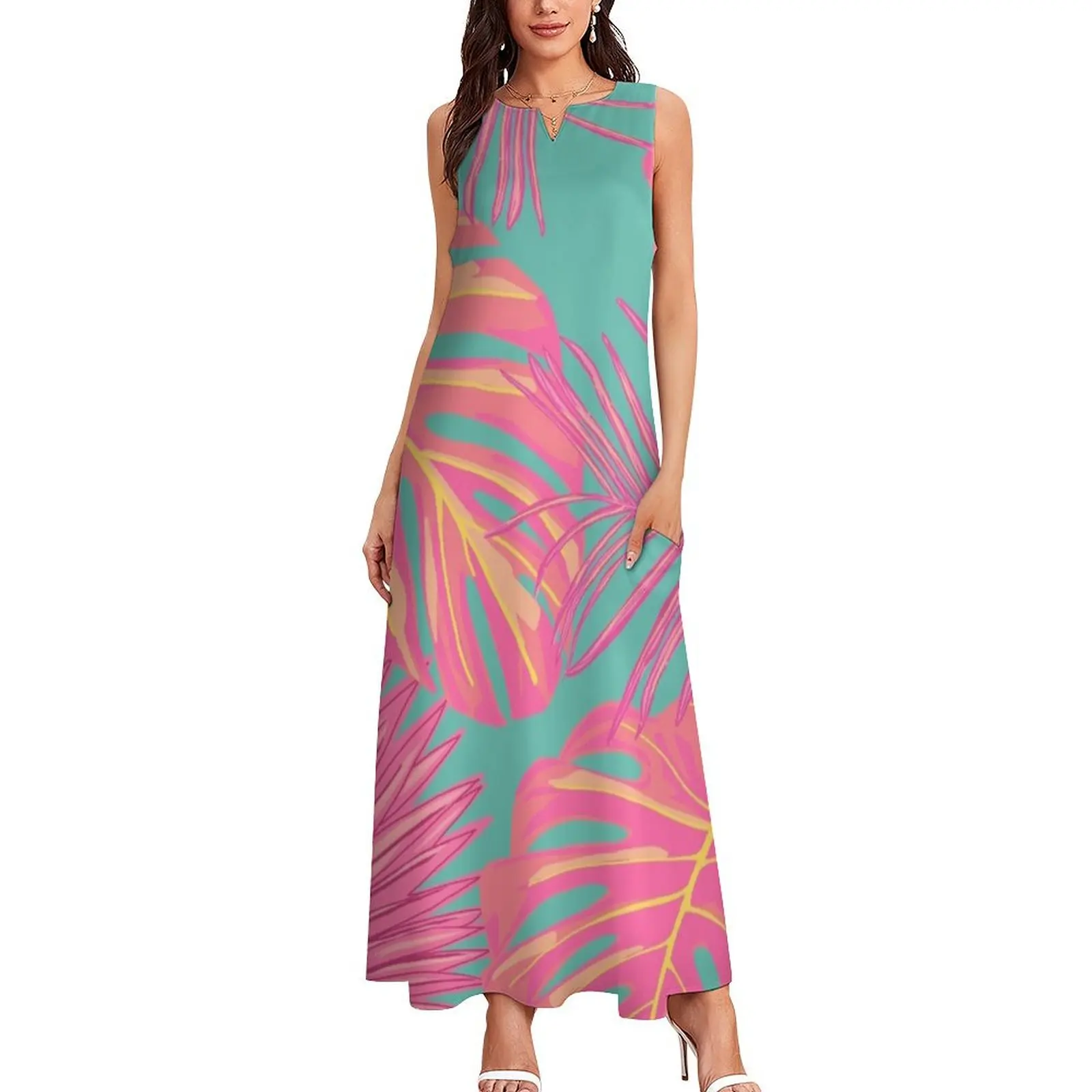 Tropical Leaves in Pink and Turquoise Long Dress Long dress elegant guest wedding dress