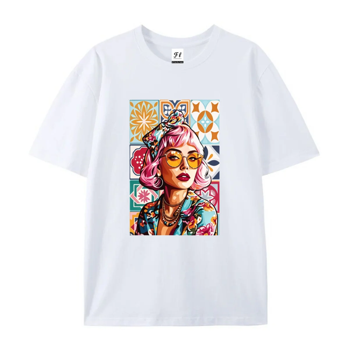 Women Pop Art Lady Portrait Graphic T Shirt Casual Short Sleeve Tee Colorful Geometric Tile Background Print Loose Soft Cotton