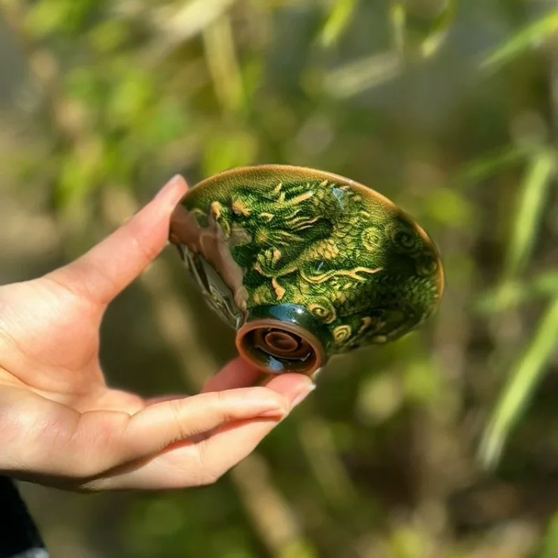 

Hand Carved Relief Dragon Cup Mens High End Master Cup Jian Zhan Tea Bowl Original Glaze Bamboo Hat Shape Brewing Specialty