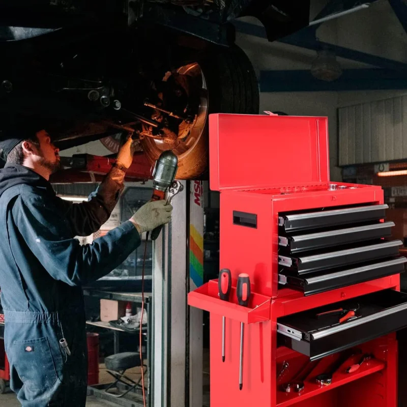 Bright Red 5 Drawer Rolling Toolbox/Box with Wheels,Metal Removable Tool Locker for Garage and Workshop,Red/Black