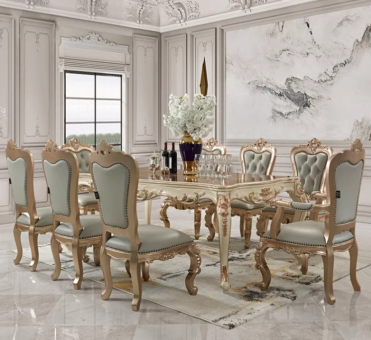 New European solid wood table French marble long table American table for six people light luxury carved luxury