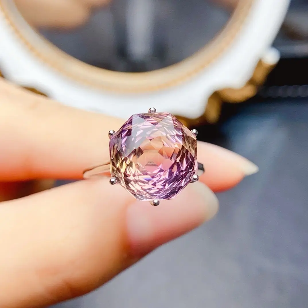 

ZECAA Ametrine 925 Jewelry Woman Ametrine Ring With Natural Ametrine Gemstone 10*10mm For Lady S925 Silver Ametrine Ring Jewelry