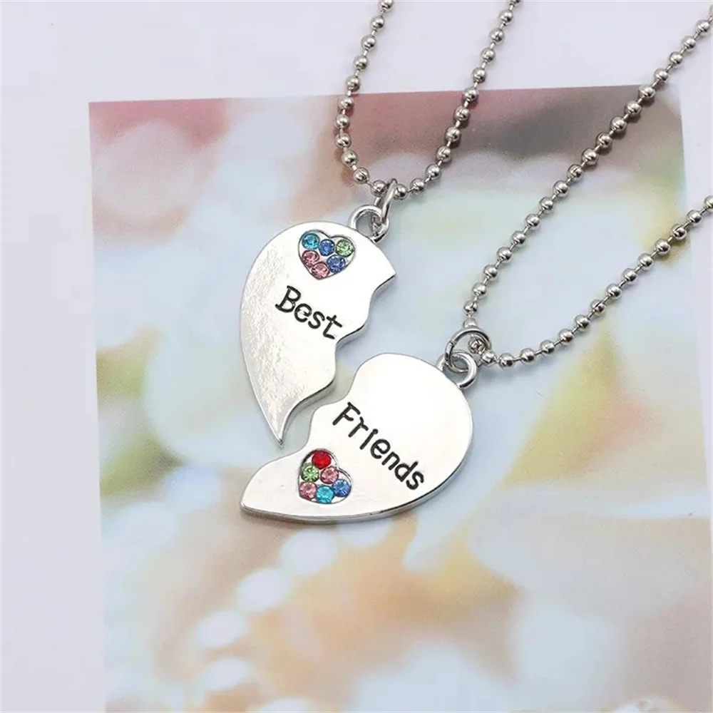 2 Pcs/set Best Friends Pendant Necklace Ful Rhinestone Love Heart Bff Necklaces Pendants Corlour Friendship Couple Necklace