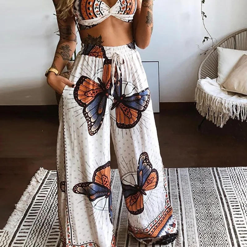 Women Butterfly Printed 2pcs Clothes Set Sleeveless Short Cami Tank Top High Waist Wide Leg Loose Pants Summer