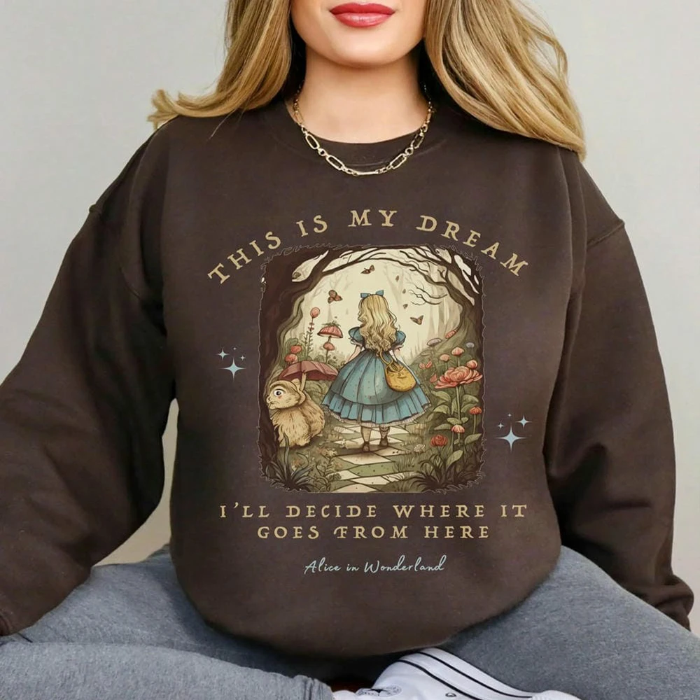 Vinage المرأة أليس في بلاد العجائب طباعة سترة Bookish البلوز الأدبية الراحة بلوزة من الصوف Crewneck Y2K الشارع الشهير