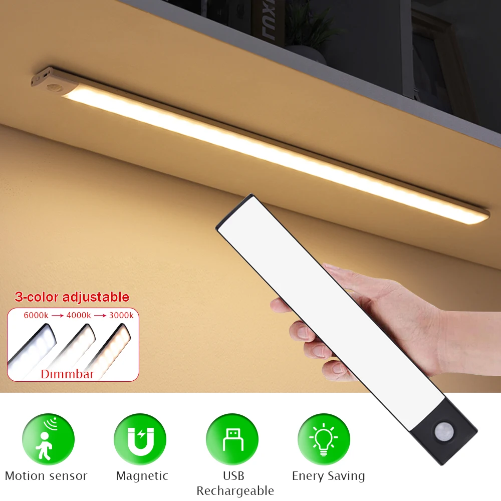 Ultra Thin LED Motion Sensor Cabinet Night Light USB Rechargeable 3 Colours Lamp for Kitchen Wardrobe Lighting Magnetic Light