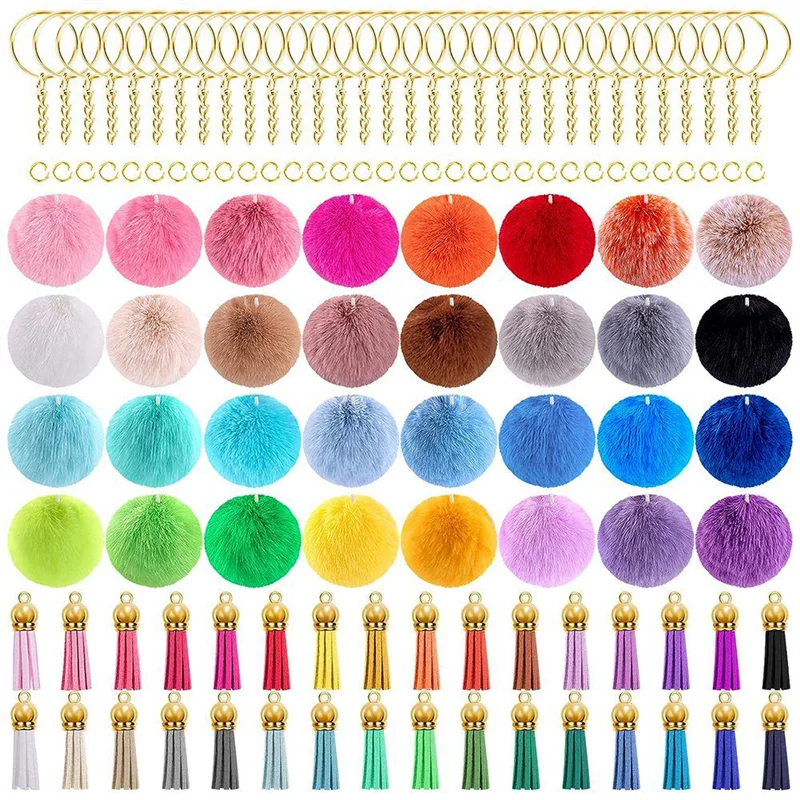 160 PCS Keychain Pom Pom Tassel Set Pom Pom Balls Gold Key Ring Faux Fur Pom Pom for DIY Projects, Random Color