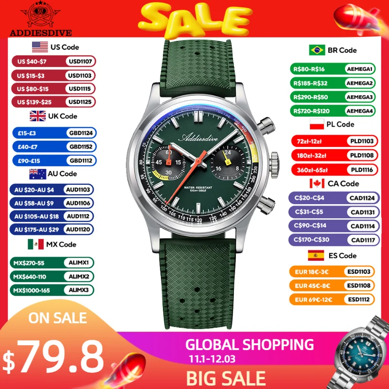 ADDIESDIVE New Men Watch 0S21 Chronograph Quartz Bubble Glass 100m Waterproof Luminous Luxury Wristwatch 316L Stainless Steel