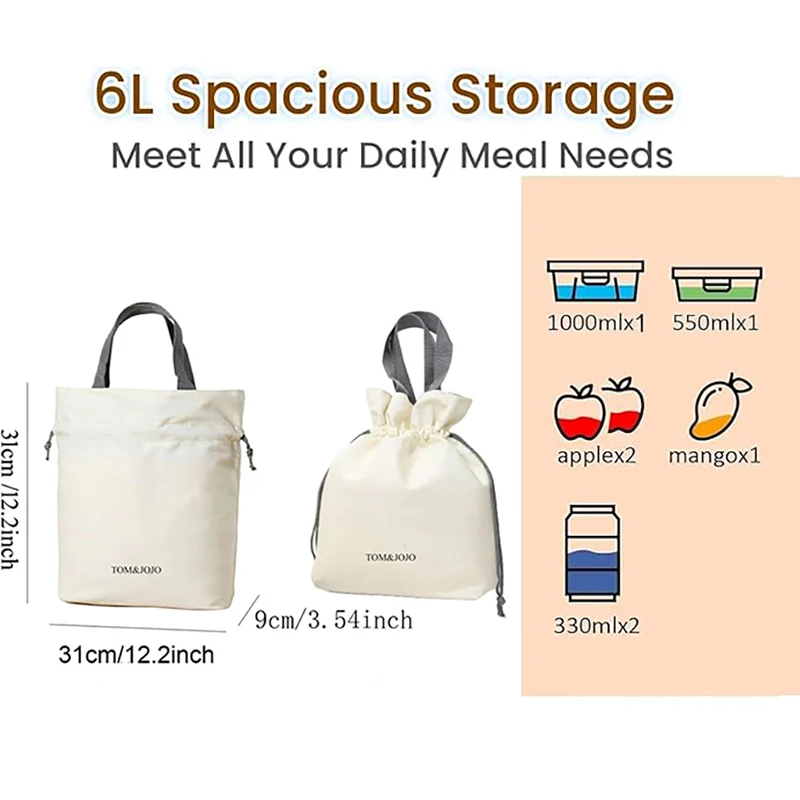 Small Canvas Lunch Bag For Women Thermal Foldable Drawstring Tote Insulated Lunch Box Bag Food Storage for Work School Picnic