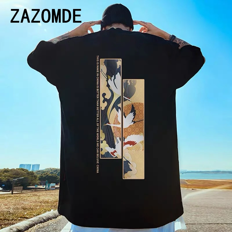 ZAZOMDE Retro T-Shirts For Men Crane Print Trendy Tees Men\'s Clothing Street Harajuku Tees Loose Short Sleeve Daily Casual Tops