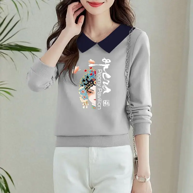 Office Lady Fashion Flower Letter Printing Pullover con colletto rovesciato abbigliamento donna manica lunga primavera autunno top eleganti