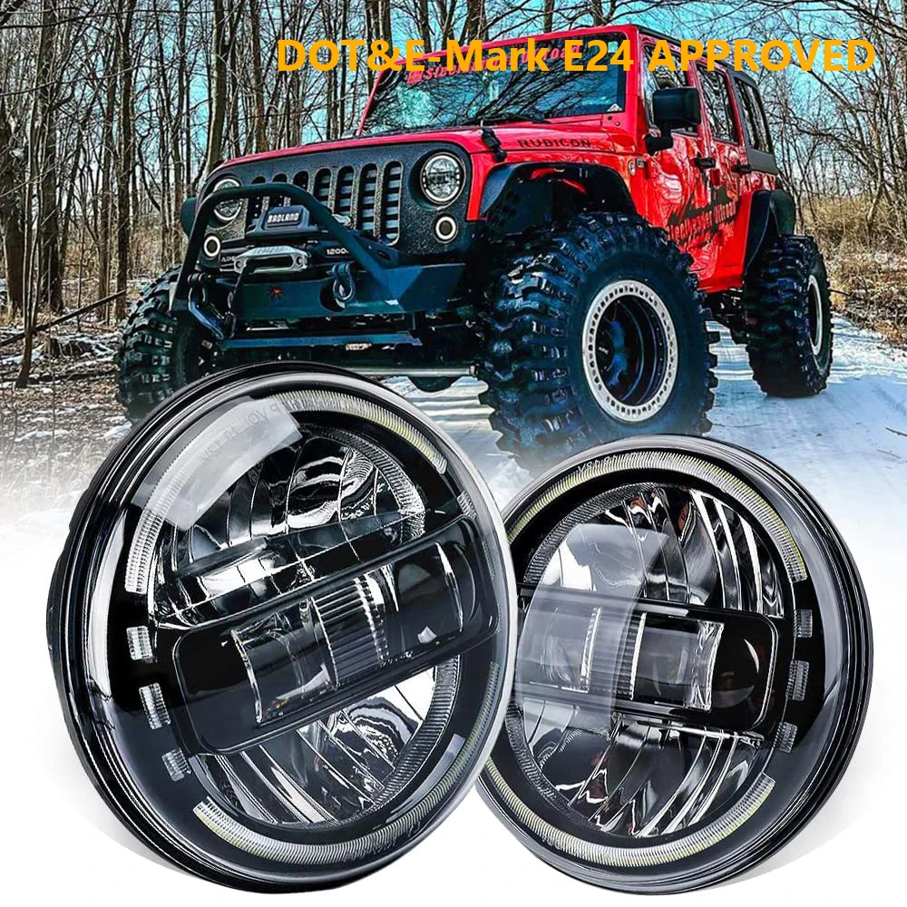 Zatwierdzony przez Emark 7 Cal reflektor LED H4 Hi-Lo wiązka z DRL dla Lada Niva 4x 4 Jeep Wrangler TJ JK JL Land Rover Defender Hummer