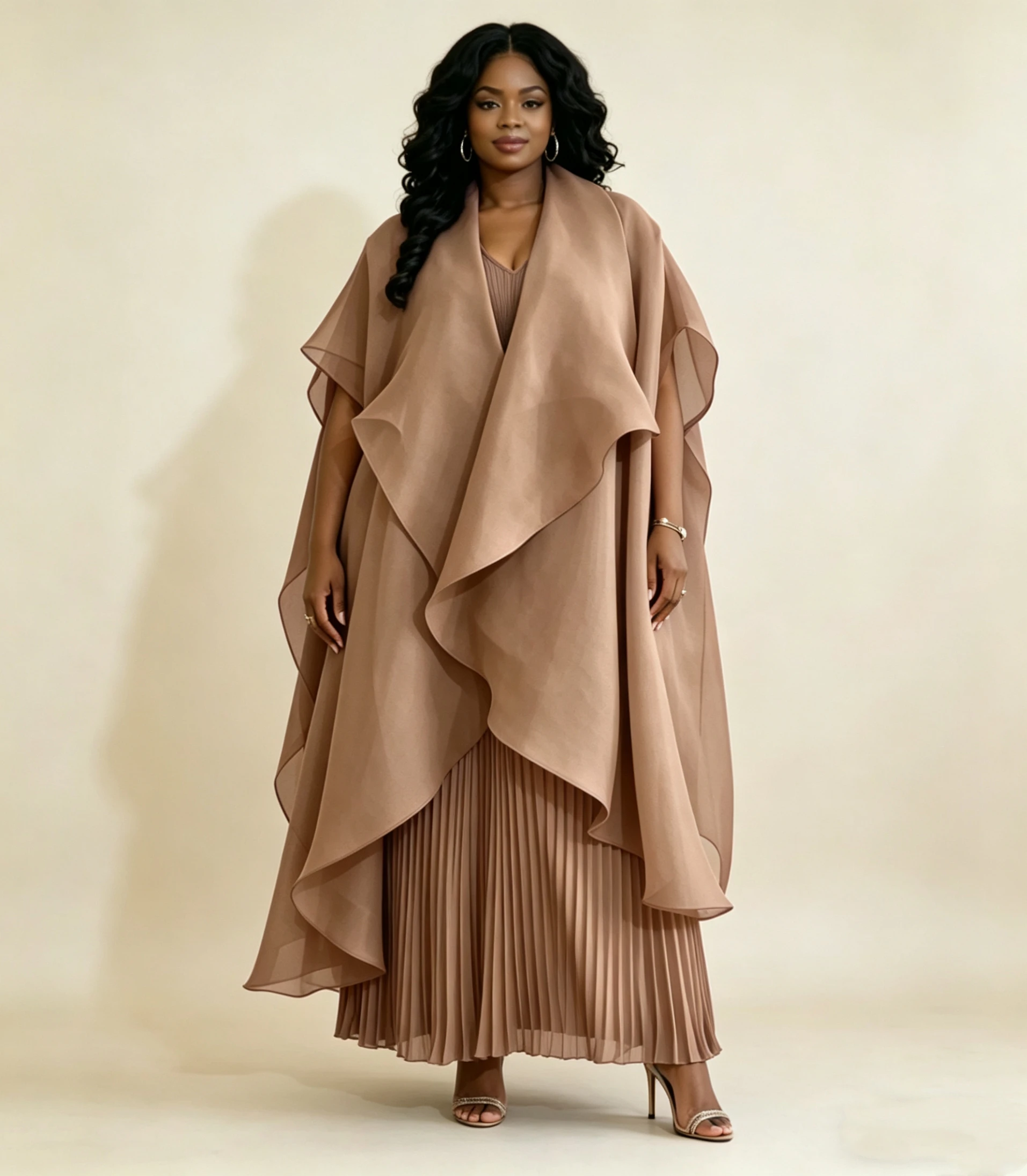 Übergrößen Damen 3-Teiliges Hosen-Set Elegantes Cape-Oberteil und Plissierte Hose Abend-Party-Outfit – Detail 8