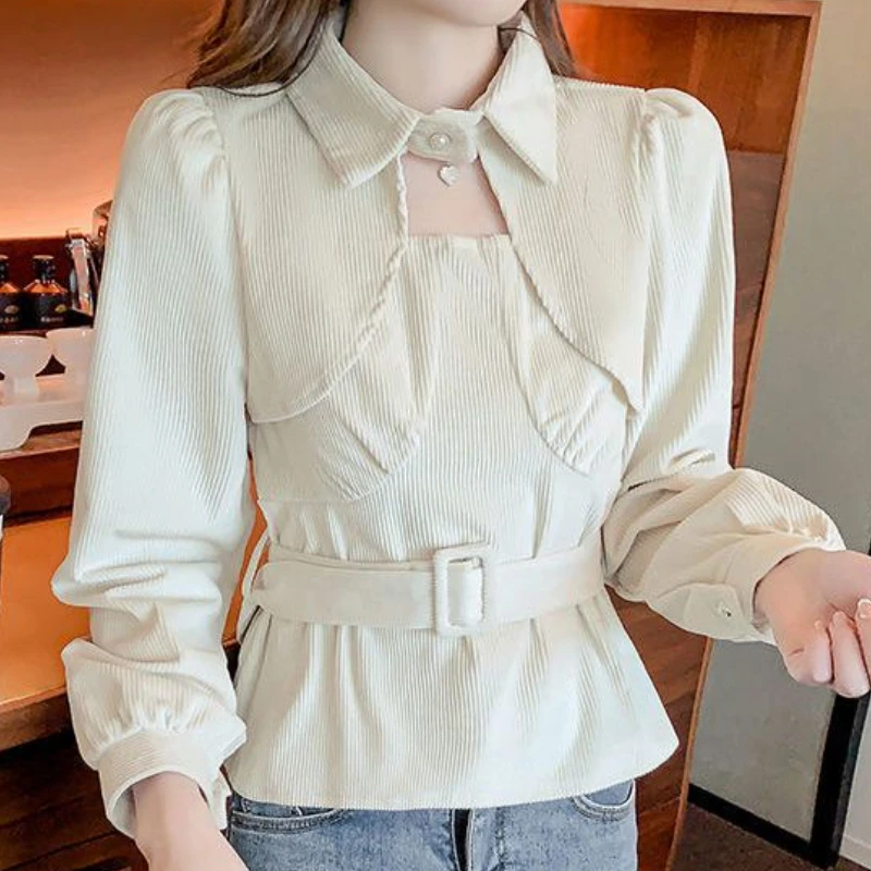 Blouses Women Elegantes Solid Fashion Blusas Tops with Belt Ladies Streetwear Korean Style Casual Charming Vintage Long Sleeve