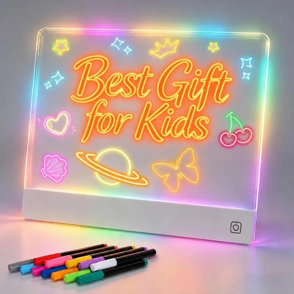 Portable DIY LED Drawing Board Acrylic with 12 Color Pen Light-Up Message Board Touch-to-Charge Note Board