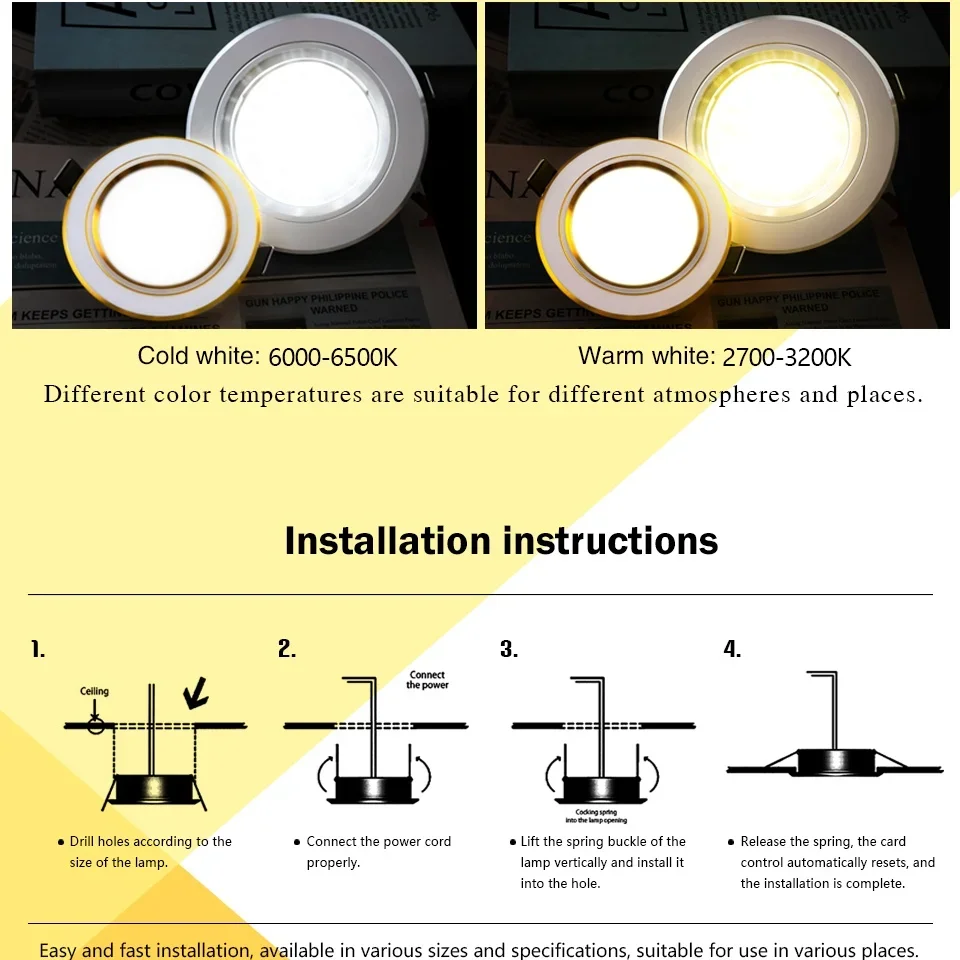 4Pcs LED Downlight AC 110V 220V Ceiling Light DC 12V 24V Recessed Led Down Light Round Panel Light Spotlight Indoor Lighting