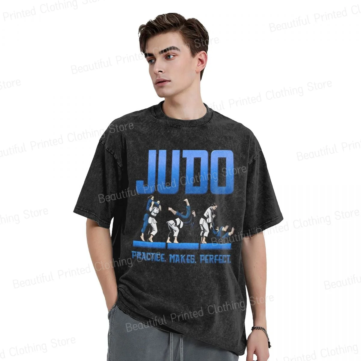 Judo 100% Cotton Washed T-shirt DIY Judo Practice Makes Perfect Print Comfortable Men's Women's T-Shirts Loose Short Tee
