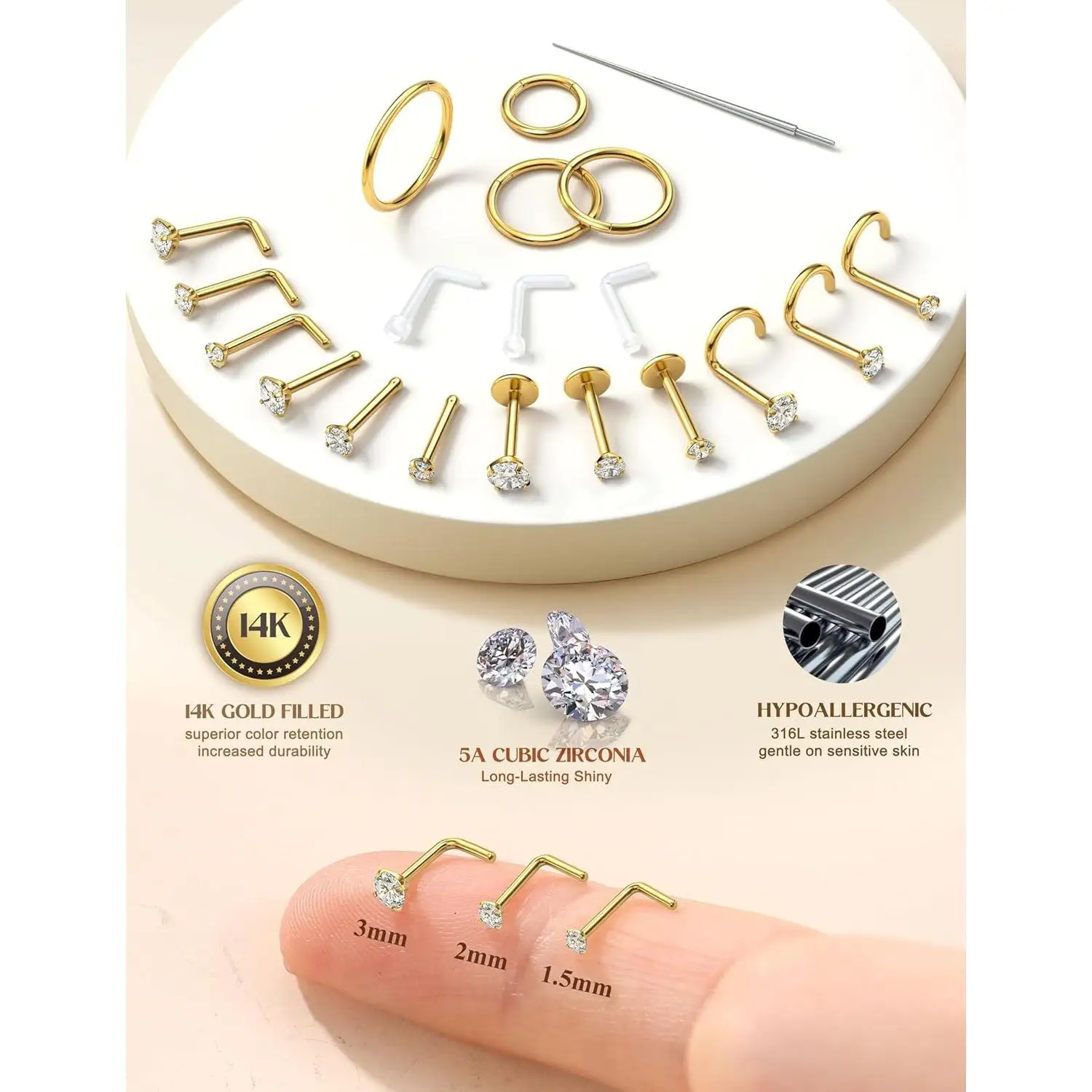 19Pcs 14K Gold Filled Nose Rings Studs Hoops for Women Men: 20G 18G 316L Surgical Stainless Steel Hypoallergenic Dainty Simulated Diamond L Shaped/Corkscrew/Straight/Push Back Nostril Nose Piercing Jewelry