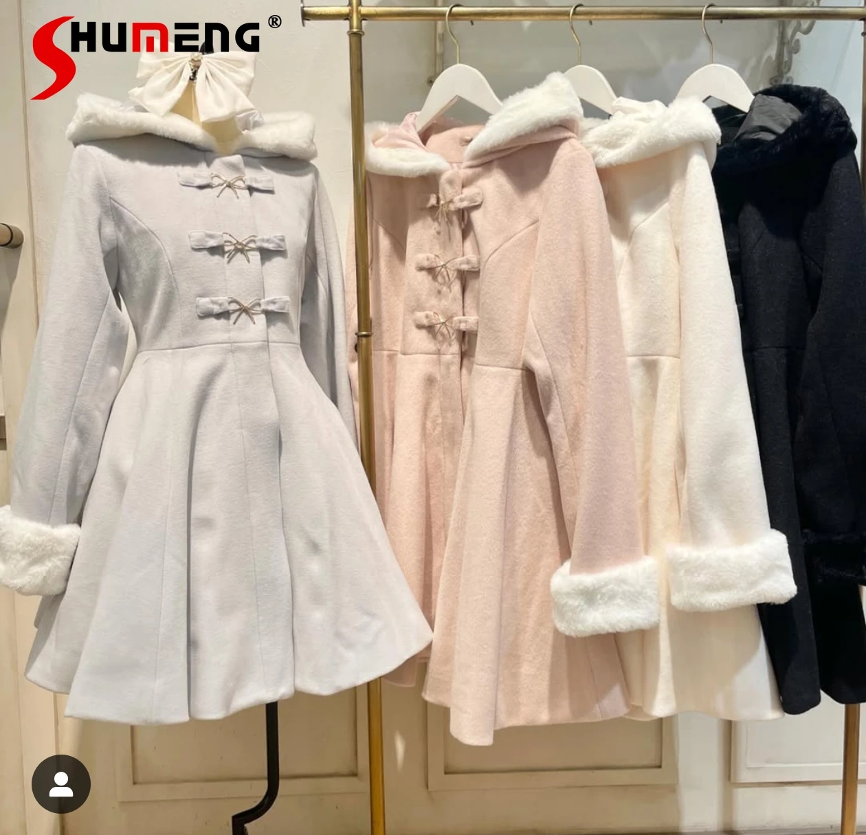 Japanese Sweet Cute Girl Fluffy Hooded Woolen Coats Bow Single-Breasted Loose Versatile Kawaii Lolita Long Jackets Women Winter