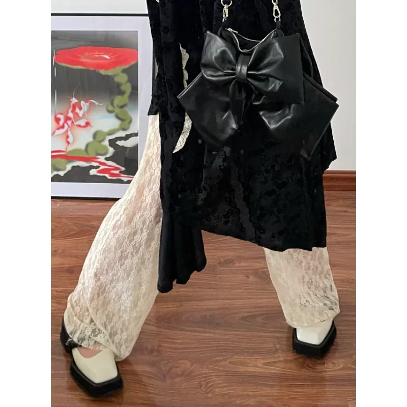 

2024 Summer Vintage Korean Retro High Street Low Waist Trousers Streetwear Fashion Sexy See Through Lace Wide Leg Pants