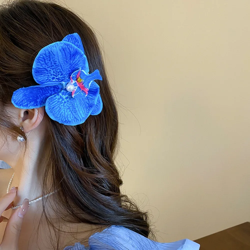 Cloth Flower Hair Clip Headdress Hair Accessories Phalaenopsis Flower Hairpin Pearl Floral Blue Orchid Flower Hairpin Student