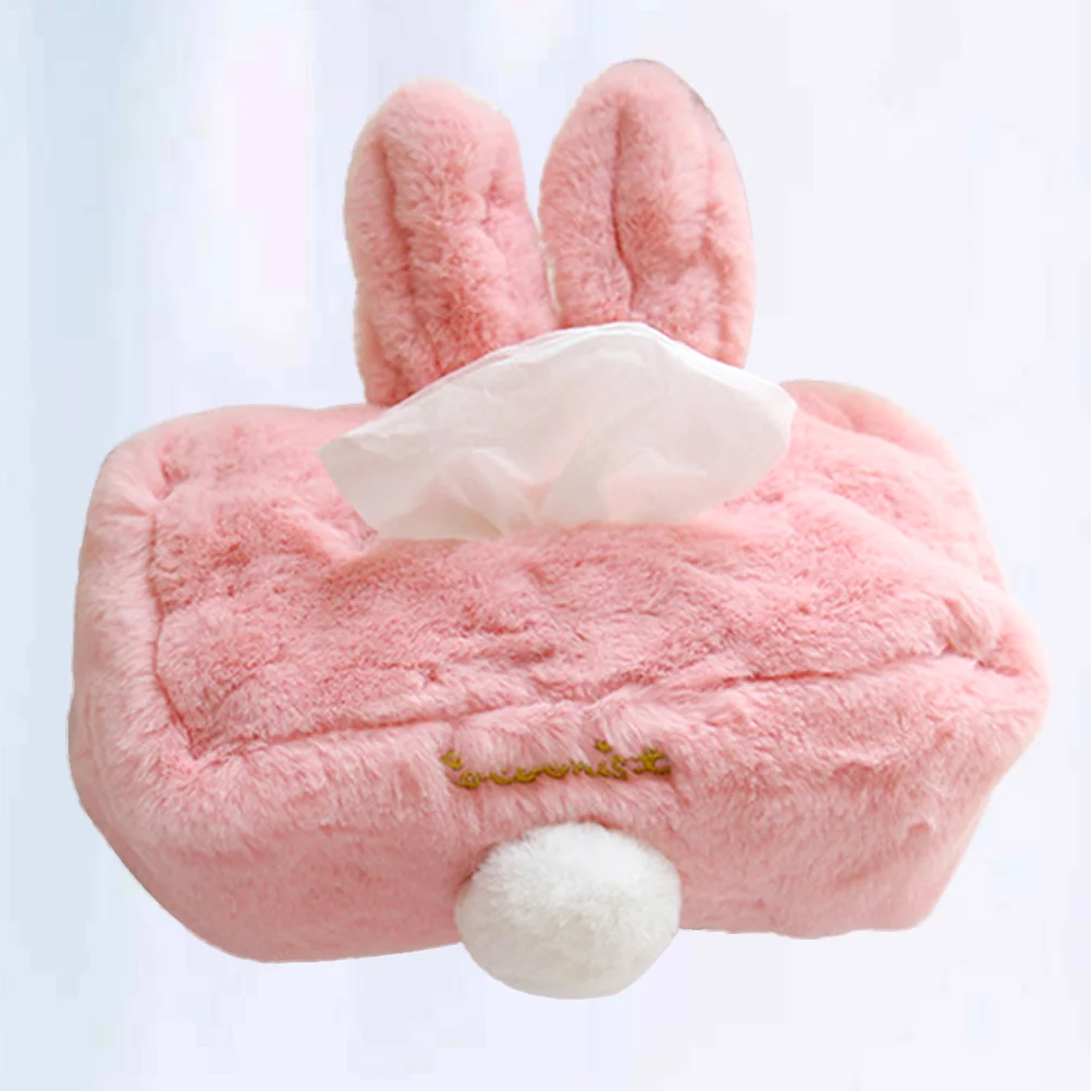 Rabbit Ear Tissue Box Plush Napkin Storage Container Convenient Paper Towel Organizer for Home Bar Office (Pink Rectangle)