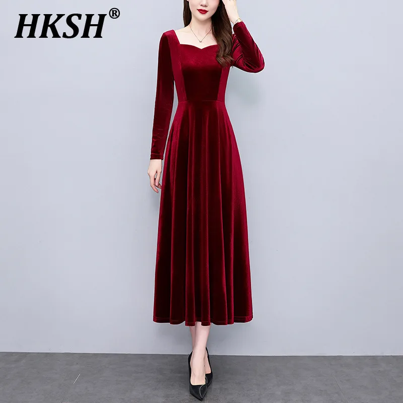 HKSH 2024 Spring Autumn Winter New Women Tide Gold Velvet Dress Large Size Shrink Waist Thin Black Elegant A-line Pullover H2893