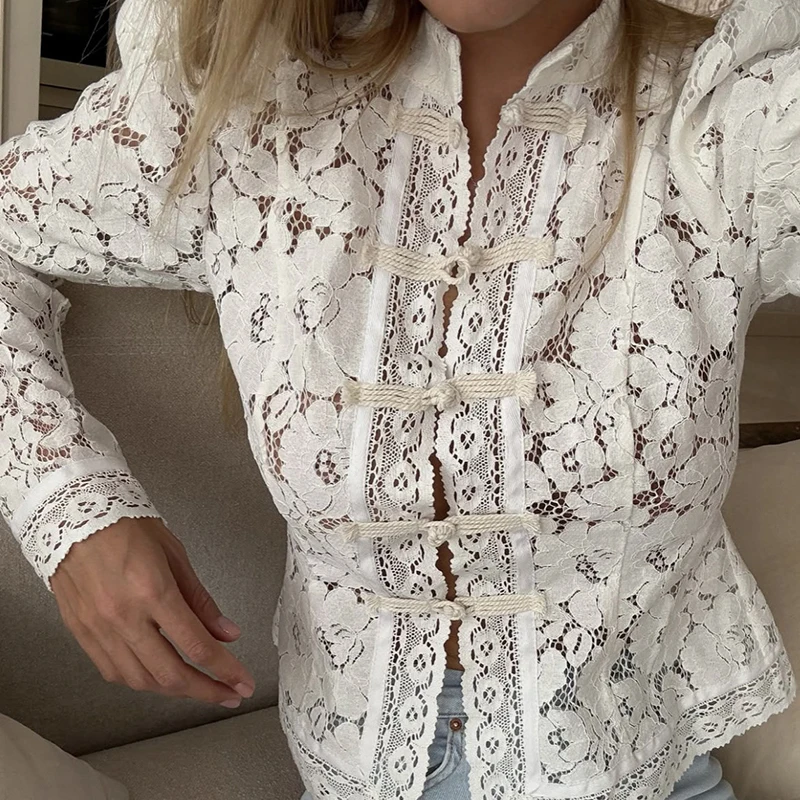 OMSJ Women's 2025 Stylish Commuting Lace Hook Flower Stand Neck Slim Single Breasted Long Sleeve See-through Elegant Blouse Tops