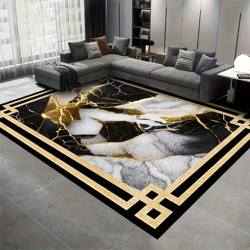 Soft Modern Luxury Marble Texture Area Rug Black Gold White Abstract Geometric Border Carpet for Living Room Bedroom Home Decor