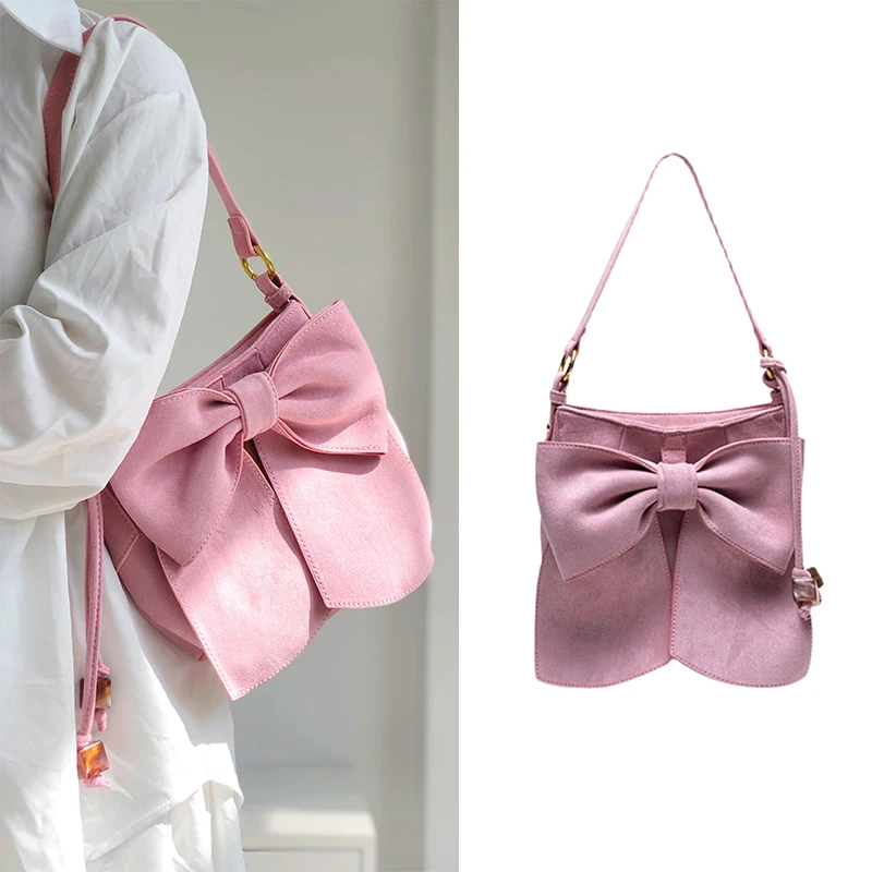 

Quality Fashion Women's Handbag Cute Girl Pink Bow Faux Suede Leisure Bag lady canvas bag modern handbag