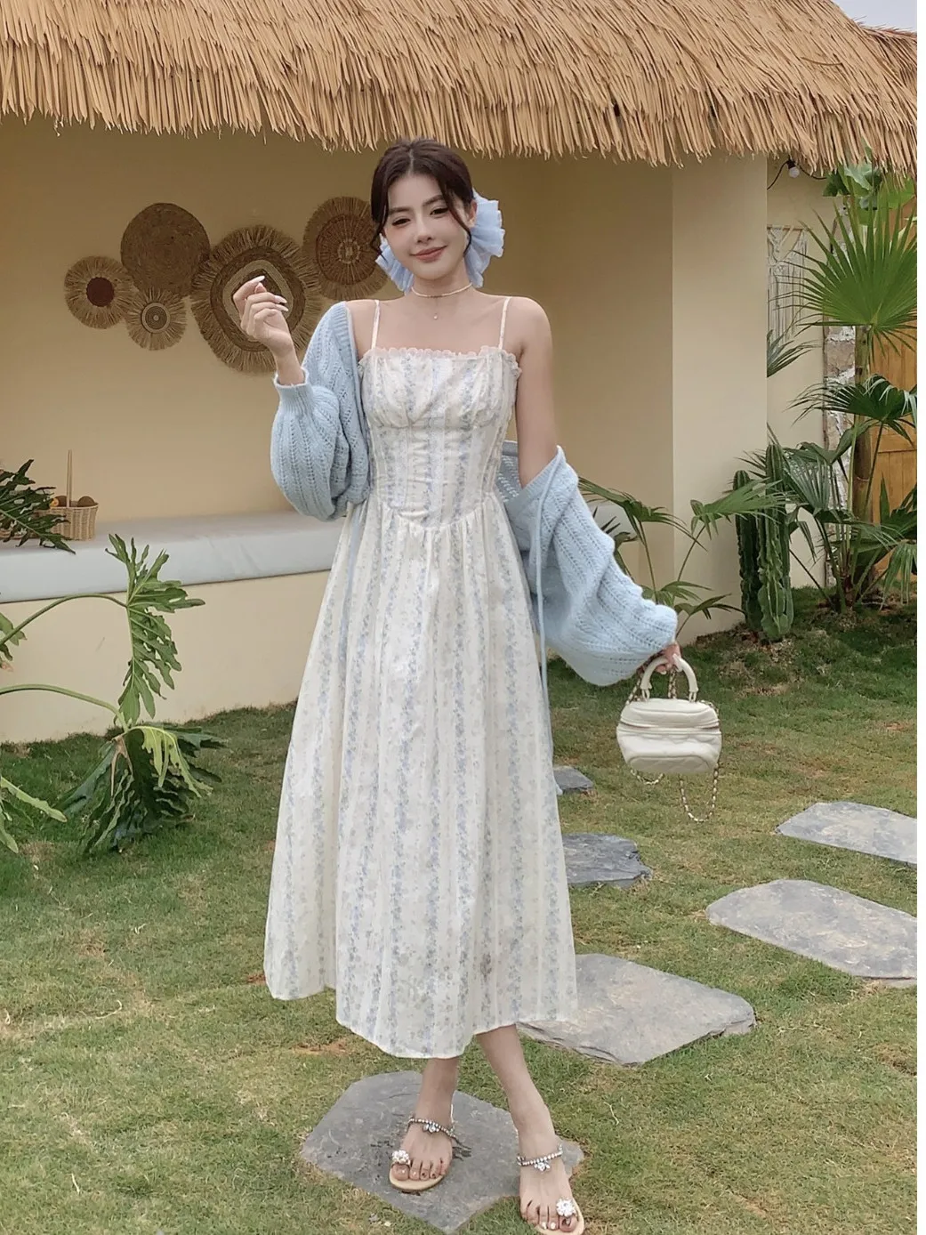 

plus Size Women's Floral Print Knitted Wrap Waist ter Dr Summer New Sle Age Reduction Two-Piece Set Korean Sle Slim...