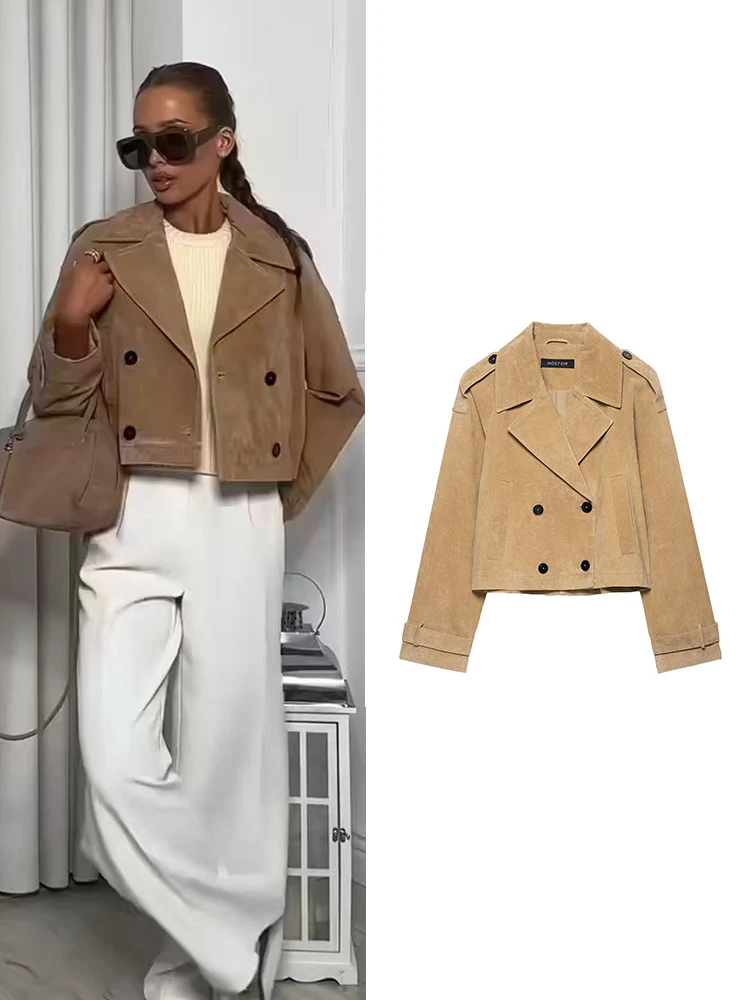 

Женская модная двубортная короткая куртка, винтажное классическое однотонное ветровка, пальто для отдыха, куртки с длинными рукавами и карманами