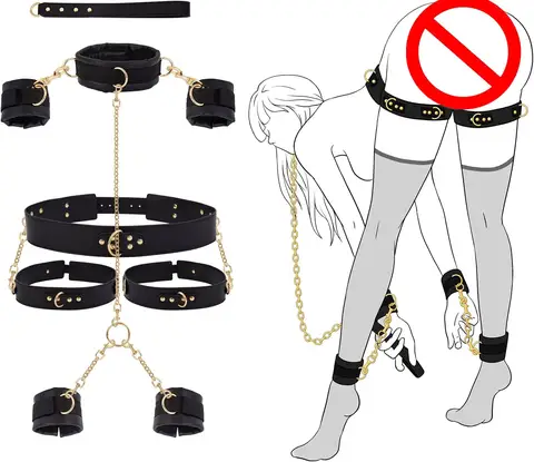 sexx Bondage BDSM Kit Restraints Neck to Wrist SM Adjustable Handcuffs Ankle Thigh Cuff Cross Waist Strap Traction Chain Collar
