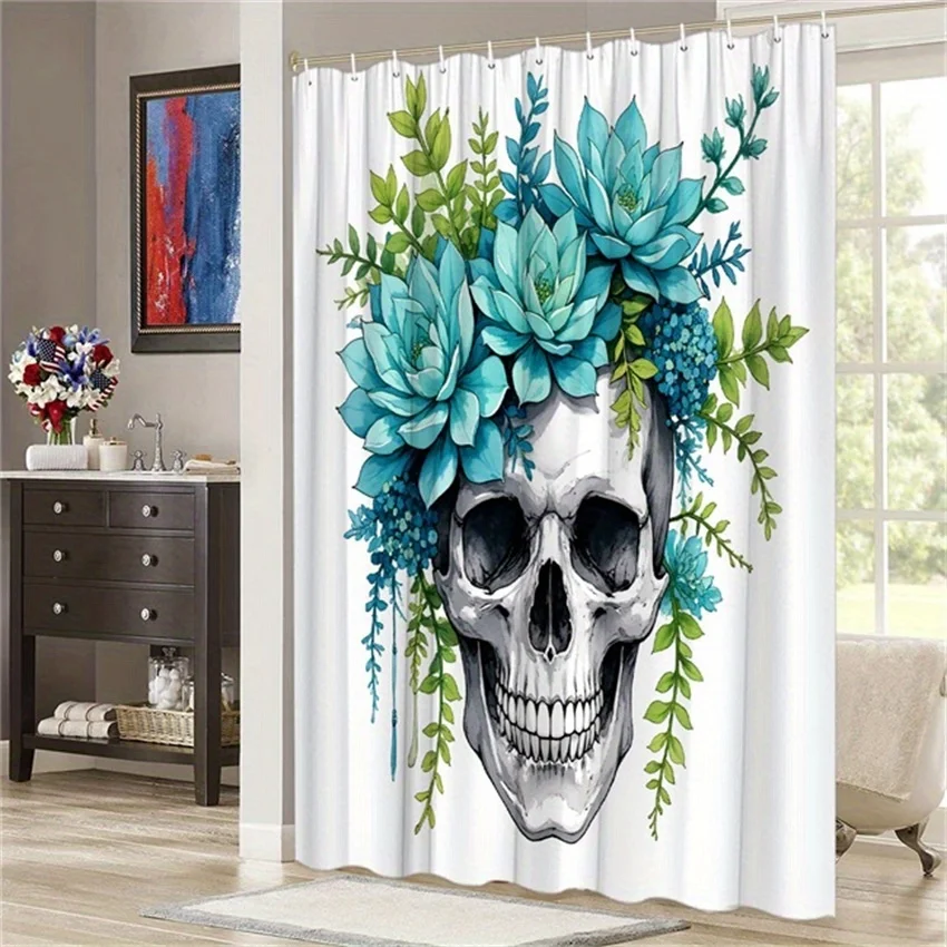 Gothic Skull & Succulent Shower Curtain - Vibrant Botanical Design Black White Bone Texture, Teal & Blue Floral Accents