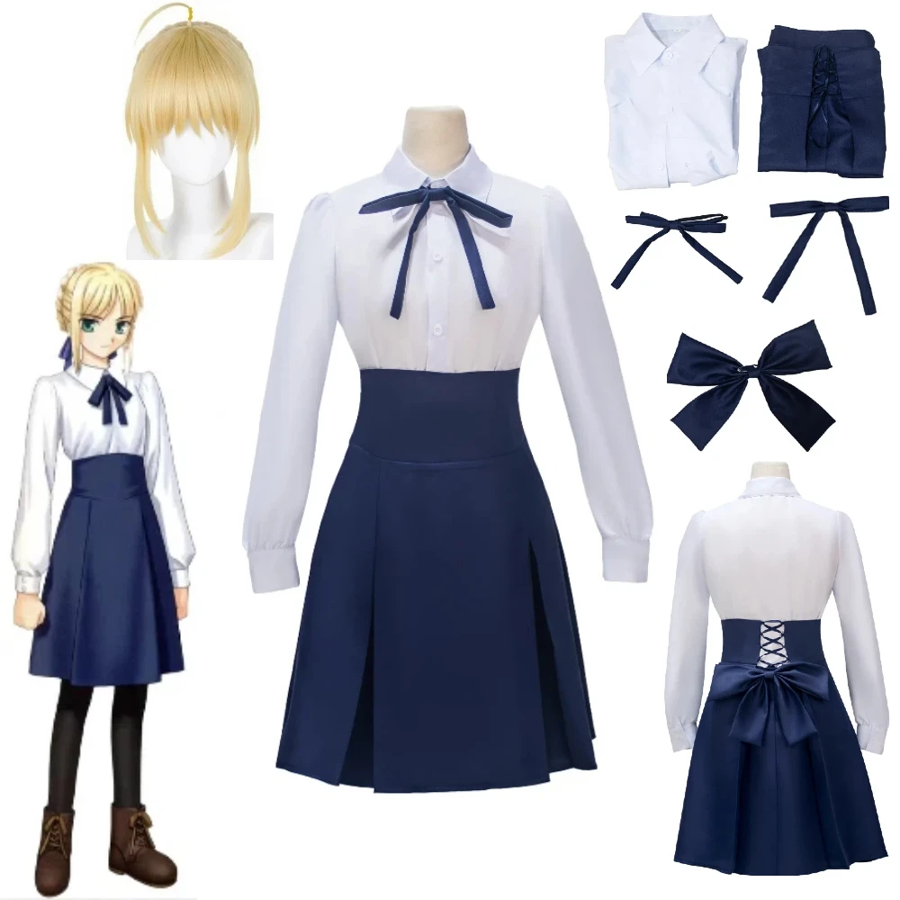 

Anime Fate Stay Night Saber Altria Daily Blue White Dress Wig Cosplay Costume Anime Role Play Halloween Performance Outfit