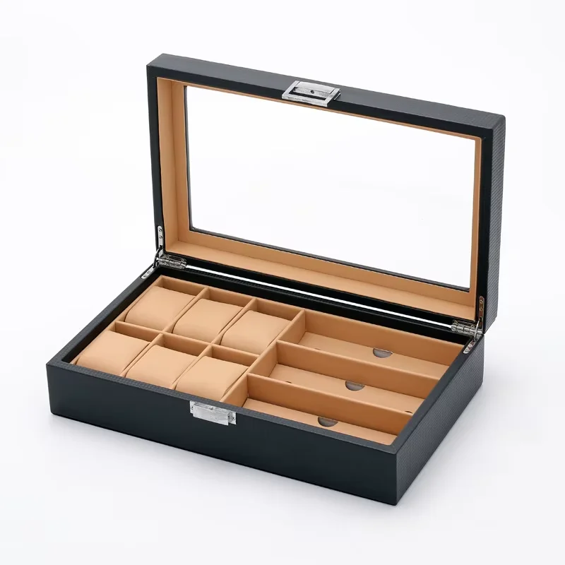 Organisateur de montre et de lunettes de soleil, fait à la main, haut de gamme en bois/cuir Pu, 6 + 3 fentes, boîte de présentoir de bijoux multifonction