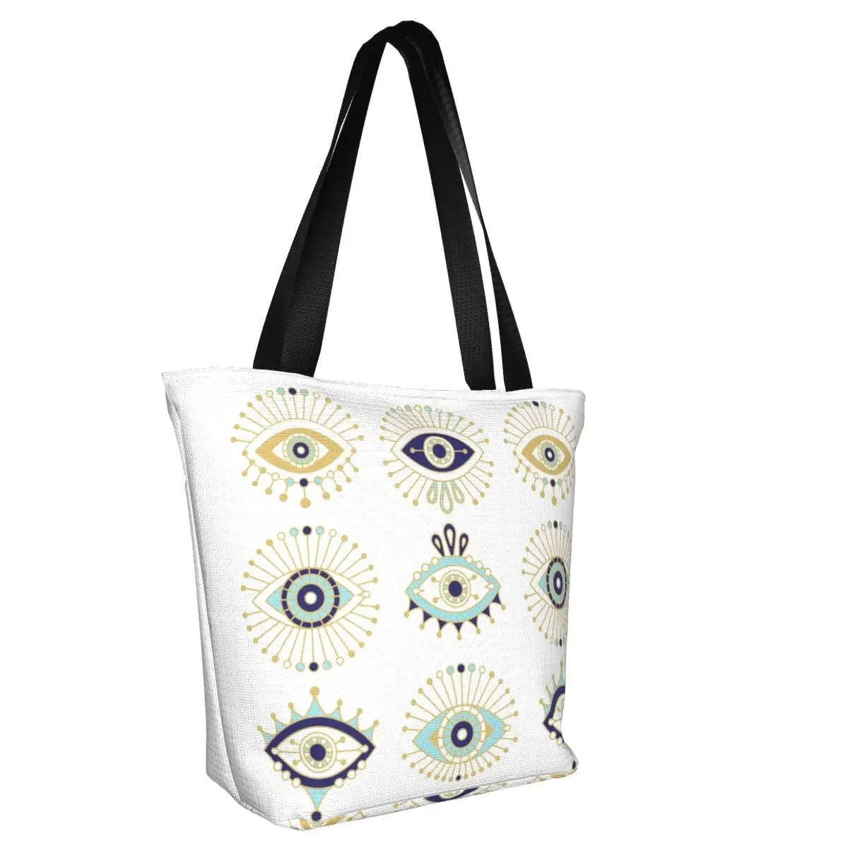 Turkish Evil Eye On White Shopping Tote Bags Nazar Amulet Hamsa Boho Bohemian Grocery Canvas Shopper Shoulder Bag