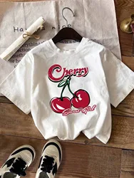 Korean Style Simple Fruit Cherry Print Cotton T Shirt For Kids Adults Trendy Street Harajuku Tees Daily Girls Summer Sweatshirts