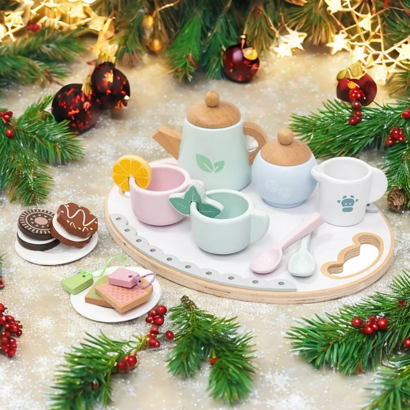 مجموعة شاي بعد الظهر الخشبية، ملحقات المطبخ، حفلة الشاي، الطعام، ألعاب تعليمية مبكرة لهدايا عيد الميلاد للأطفال الصغار