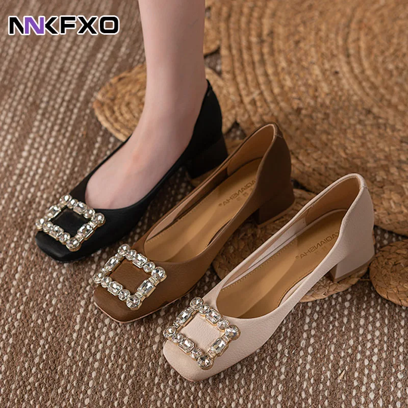 

Simple Fashion Square Toe Shallow Mouth crystal High Chunky Heel Women Pumps Soft Leather Comfort Career Work Shoes Party Shoes