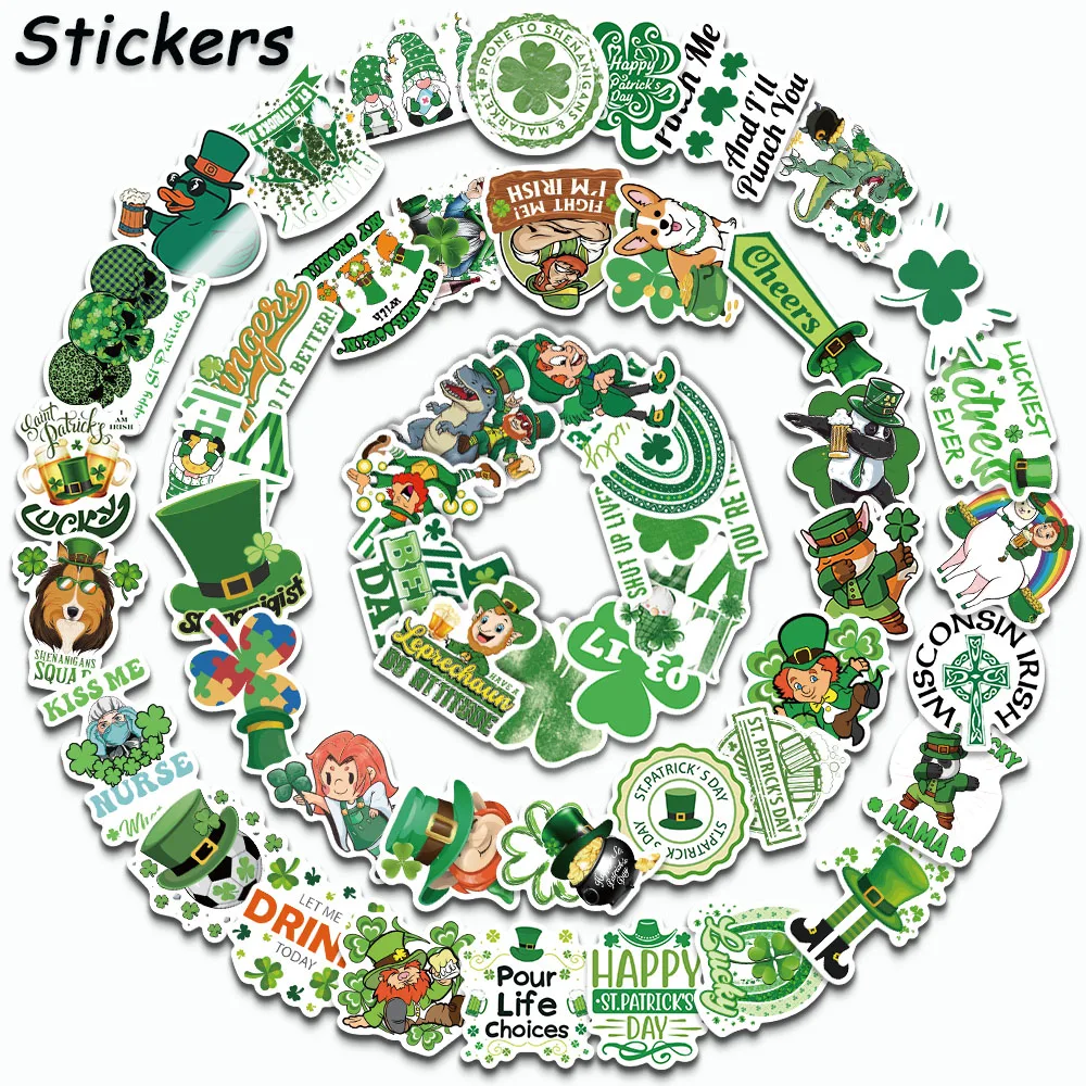 

50PCS Saint Patrick Stickers Green Healing Decal Country Ireland Holiday Aesthetic Green Cartoon DIY Toy Fridge Graffiti Sticker