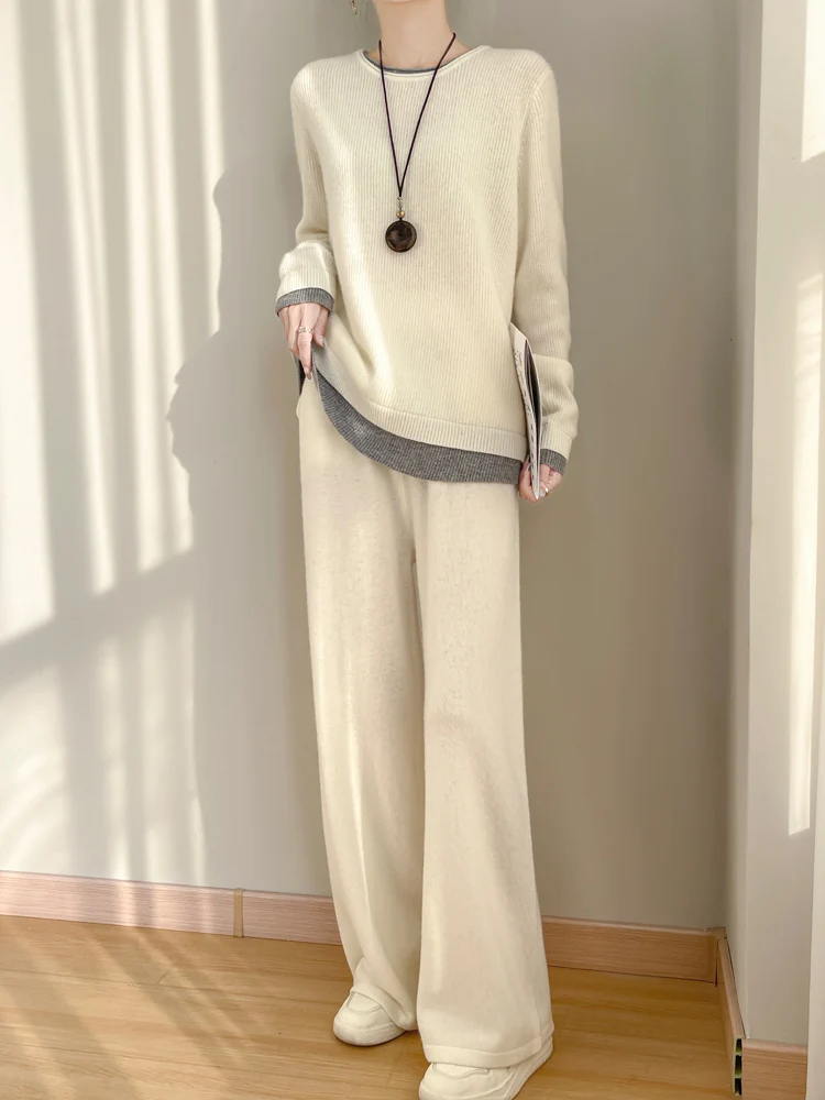 Nuevo traje de punto 100% de lana merino para mujer, suéter de cuello redondo, jersey falso de dos piezas, pantalón de cintura alta y pierna ancha, conjunto de otoño e invierno